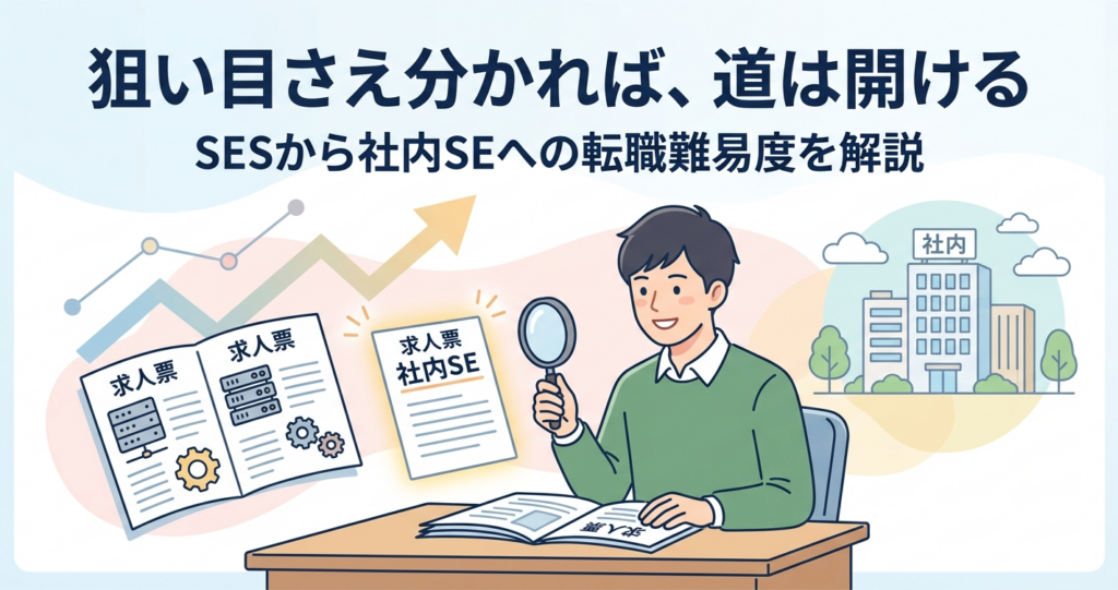 求人を見比べるエンジニアと社内SE転職難易度解説のイメージ