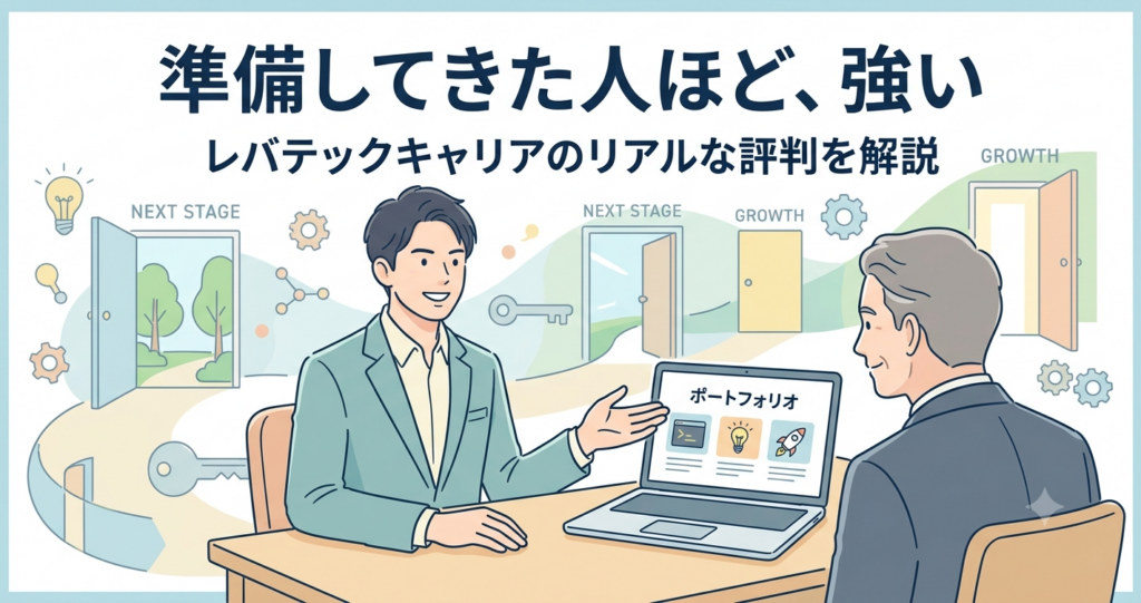 ポートフォリオを見せながら面談するエンジニアとレバテックキャリアの評判解説イメージ