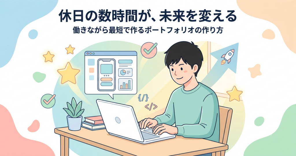 休日にポートフォリオを作成するエンジニアとSES脱出解説のイメージ