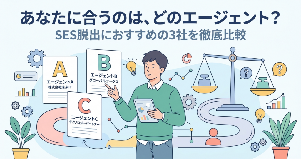 3社のエージェントを比較検討するエンジニアとSES脱出比較記事のイメージ