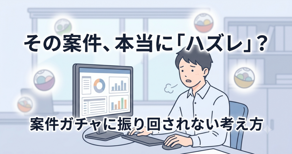 単調な監視画面を見て疲れた様子のエンジニア、案件ガチャのハズレ体験を表すイメージ