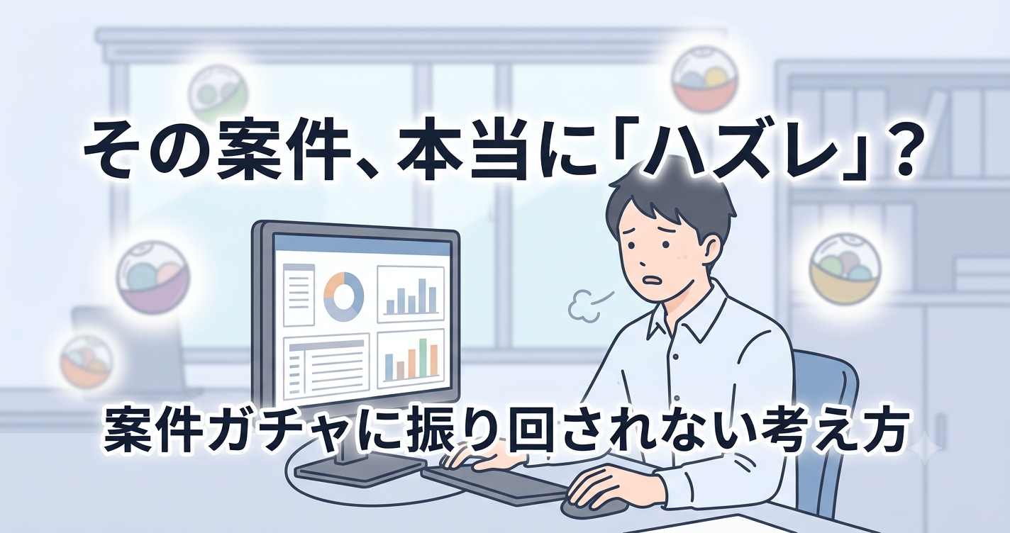 単調な監視画面を見て疲れた様子のエンジニア、案件ガチャのハズレ体験を表すイメージ