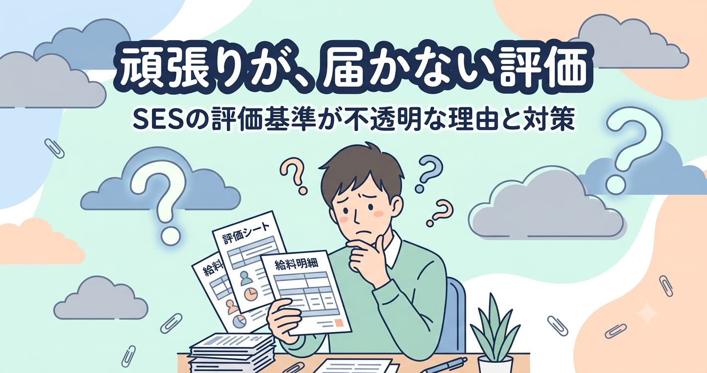 評価シートを見て困惑するエンジニアとSES評価基準の不満解説イメージ